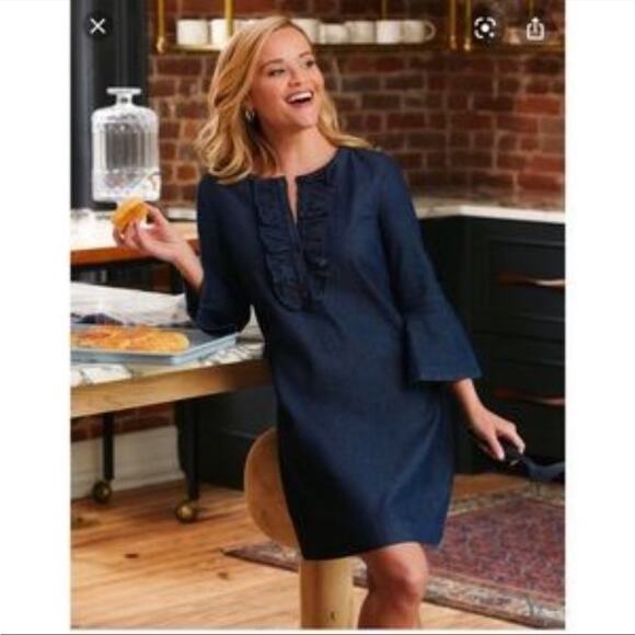 Draper James denim chambray shirt dress dark wash ruffle collar fall winter - Picture 2 of 8